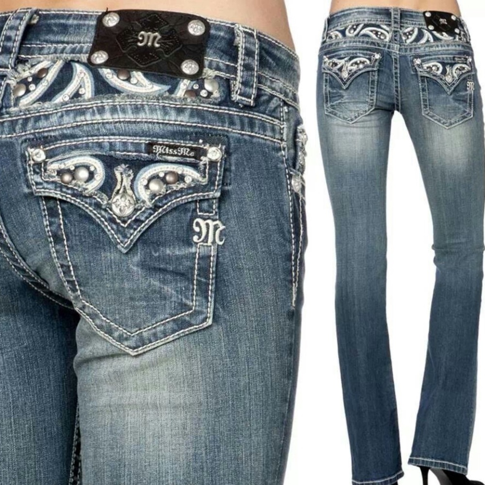 Miss Me Bootcut Western Thick‎ Stitch Flap Pocket Embellished Denim Jeans